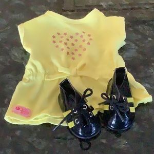Fits AMERICAN GIRL 18” Doll Yellow Shirt + Shiny Black Shoes with Yellow Stripes